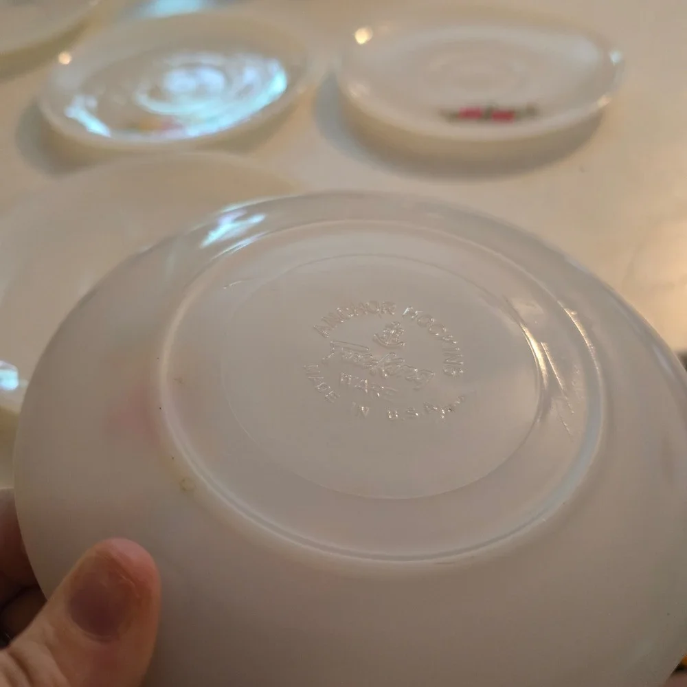 Vintage Anchor Hocking Fire King Milk Glass Floral Saucers Set of 4 Mixed Flower